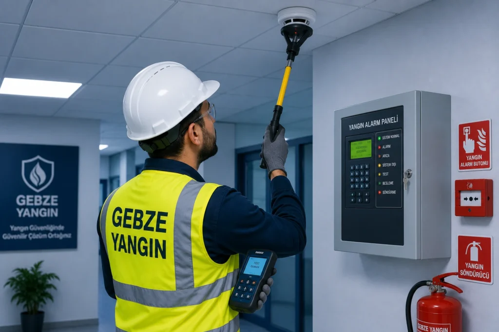 yangın algılama bakımı yapan tekniker dedektör kontrolü